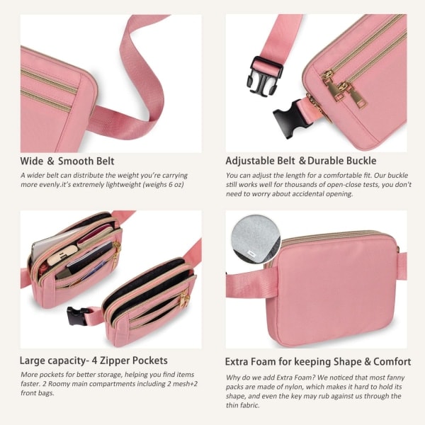 Fanny Packs för Kvinnor Mode Midjeväska Väska med Justerbar Rem och 4 Blixtlåsfack Vattentät Crossbody Bältesväska