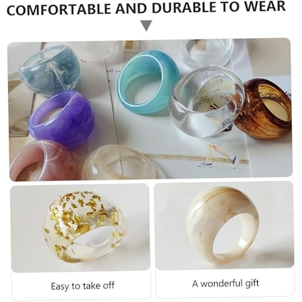 9 Delar Stapelbara Resinringar Bred Tjock Kupol Retro Klumpiga Ringar Tjock Kupol Elegant Flerfärgad Akryl Resinring