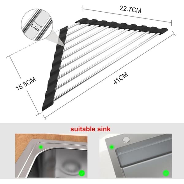 Black Dish Drying Rack for Sink Foldable Removable Stainless Steel Sink Drain Roll Rack 41CM 15CM Triangular 2PCS