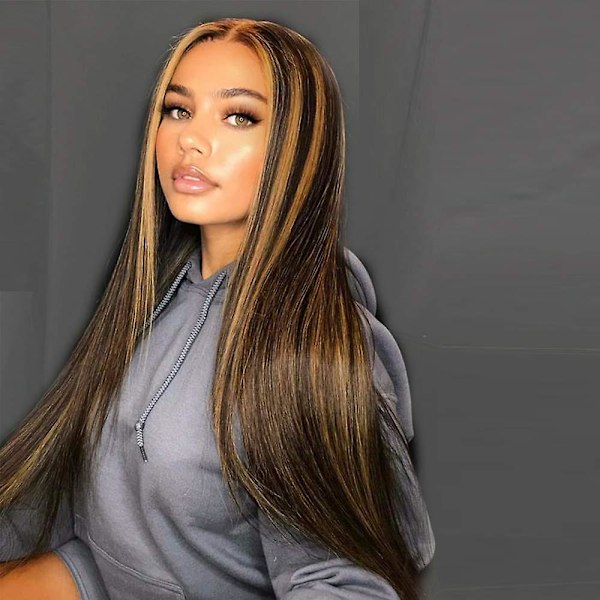 Lang Rett Parykk med Striper 26 Tommer Syntetiske Parykker for Kvinner Midtskill Blond Striper Hår Parykker Naturlig Utseende Varmebestandig Fiber Daglig Cosp
