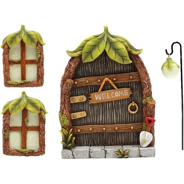 Miniature Fe Trægård Gnome Hus Vindue Dør Have Harpiks Selvlysende Døre og Vinduer Havedekoration Skulpturer Lysende i Mørket (Løvdes...