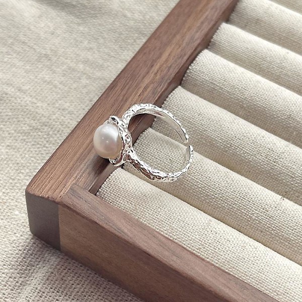 Färskvattenpärlring, S925 Sterling Silver Ring med Oregelbunden Textur, Öppen Ring