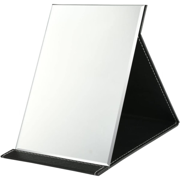 15*21 cm Fällbar bordspegel med PU-läder, sminkspegel, bärbar resespegel, hopfällbar spegel med stativ, svart