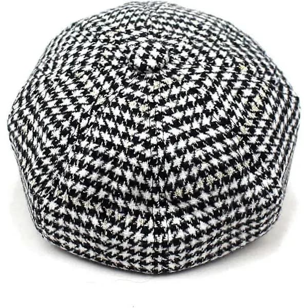 {PL}Stilfuld Unisex Efterår Vinter Tweed Newsboy Hat Sort 8 Panel Houndstooth Casual