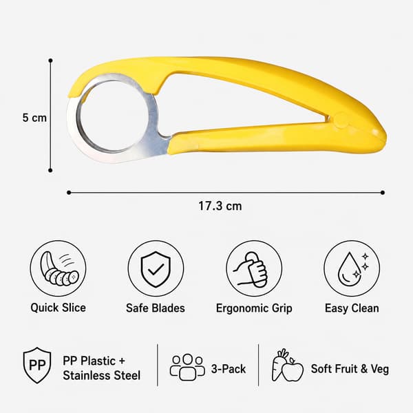 3-pack bananskärare och frukthackare för snabb köksförberedelse, gul yellow