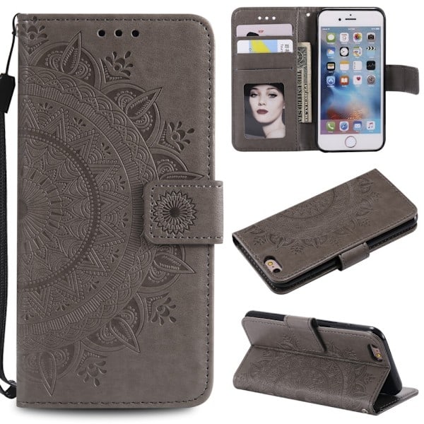 iPhone 6/6S - Mandala Læder Etui - Grå Grey Grå
