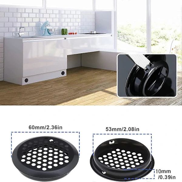 {PL}12 stk. Runde Ventilationsgitre i Rustfrit Stål - Sort - Skabsventilationsgitter - Luftstrøm til Køkkenskabe