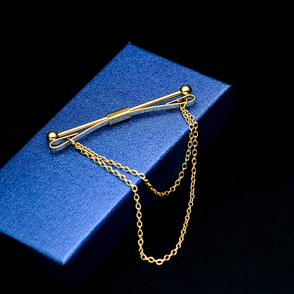 Halskædenål til forretningsmænd, brystnål, med lang kæde i sølv og guld, guld