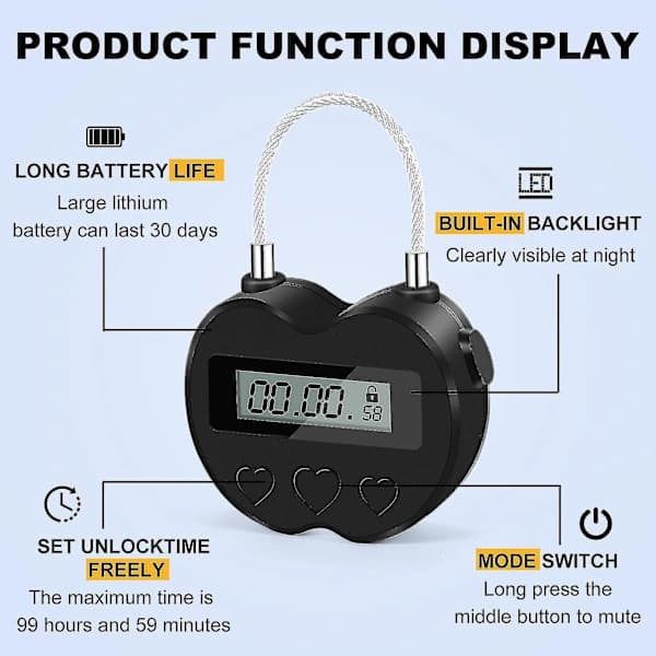 {PL}Smart Tidslås LCD-display, Multifunktionell Elektronisk Resetimer, Vattentätt USB-laddningsbart Temporärt Timerhänglås