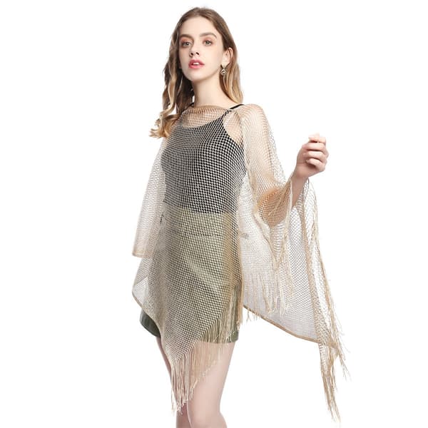 Dame sommerponcho med solbeskyttelse og pomponer, lys guld glitrende