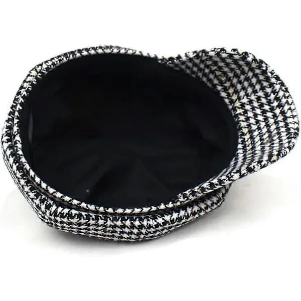 {PL}Stilfuld Unisex Efterår Vinter Tweed Newsboy Hat Sort 8 Panel Houndstooth Casual