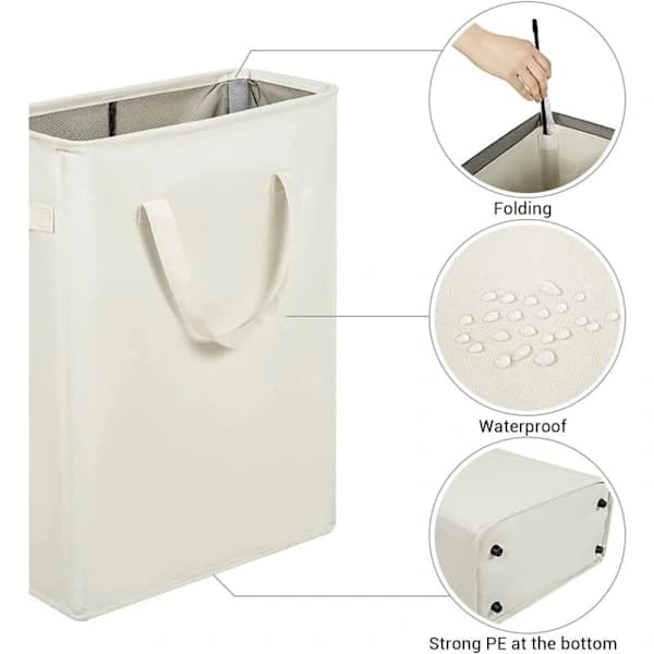 Lang Sammenleggbar Klesvaskkurv med Håndtak 45L Beige