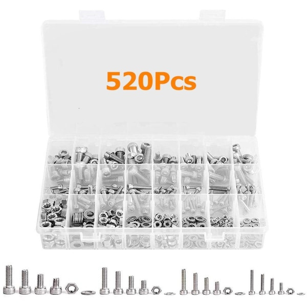 520 st Metriska bultar Sortiment Bultar Muttrar och brickor Kit Hex