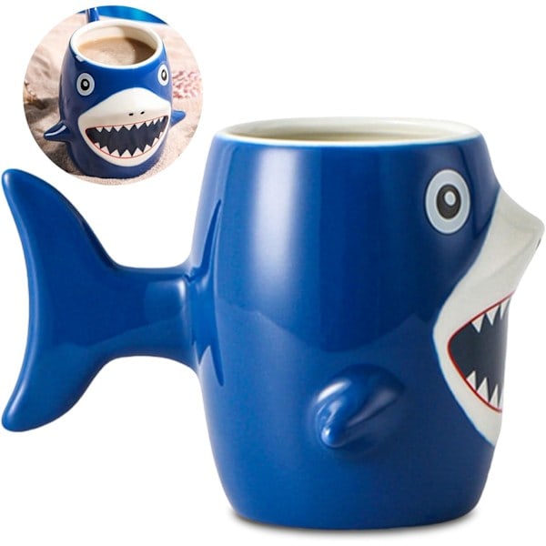 Hajkrus, Hajkaffekrus, Sjov 3D Dyrekrus, Hajmorgenmadskrus, Hajkeramisk Krus, med Fiskehalegreb, 450 ml