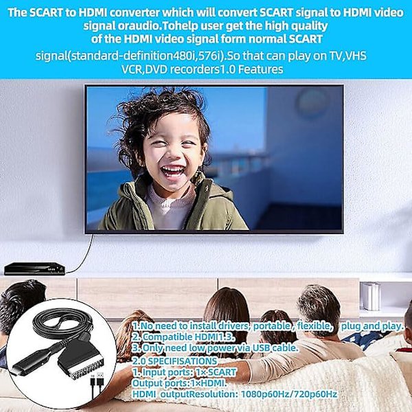 SCART till HDMI-adapter, SCART till HDMI-konverterare med HDMI-kabel för 720P/1080P Full HD-TV, ljud och video för Blu-ray DVD-spelare STB VHS Xbox PS3