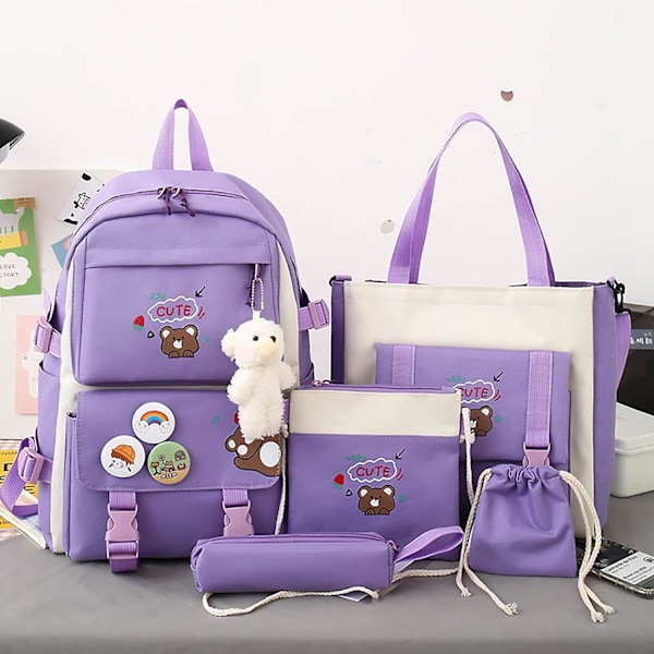 Ryggsäcksset med 5 delar, estetisk ryggsäck för skolan, dagliga nödvändigheter för tonårsflickor med charm och stift, pennfodral, totebag, liten väska.