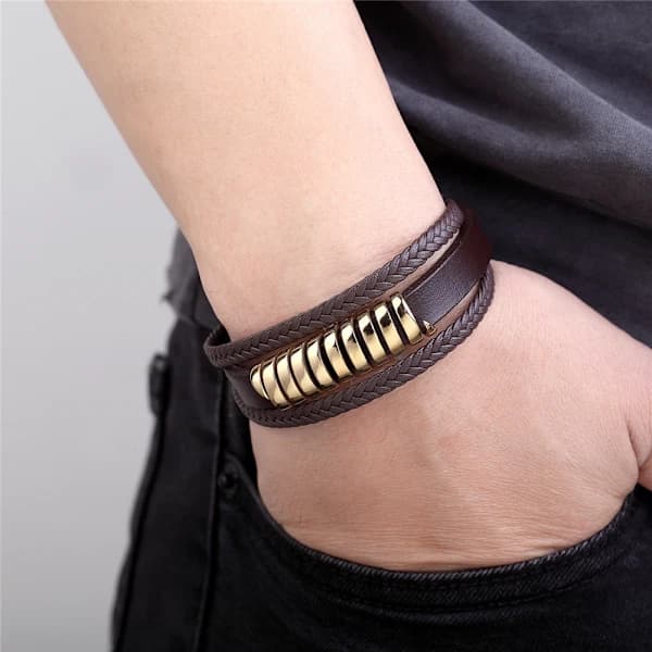 Læderarmbånd i rustfrit stål til mænd med magnetisk lås【PL】