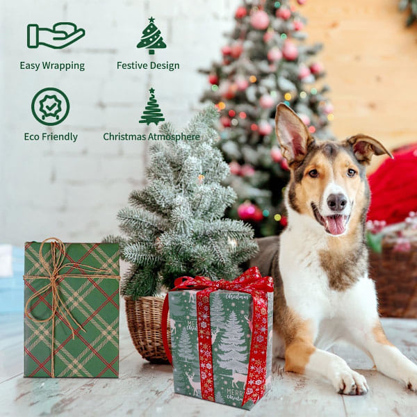 Presentpapper Stor Rulle 43cmx3m Grön Omslagspapper 3 Rullar Kraft Julpapper Tryckt med Älg och Julmotiv