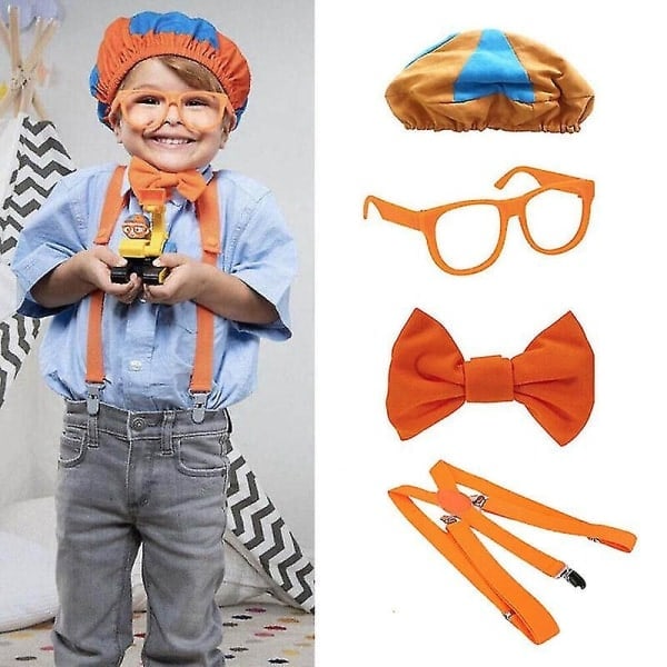 Kle deg ut som Blippi! Rollespillkostyme med hatt, briller, seler og sløyfe