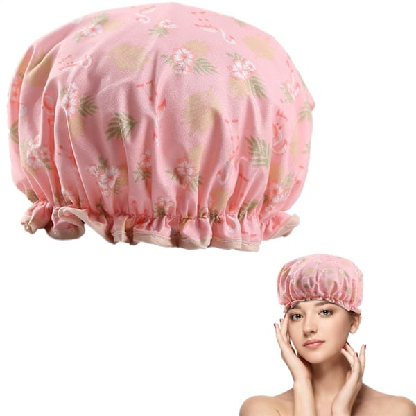 Double Layer Shower Cap for Women, Elastic Band Reusable Hair Shower Cap, Suitable for Long, Short and Curly Hair (Pink Flamingo)