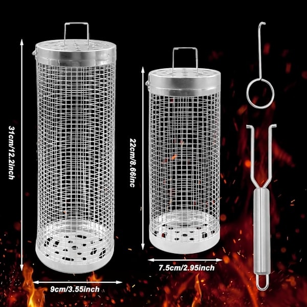 2 Rolling Grill Baskets with Detachable Stainless Steel Handles