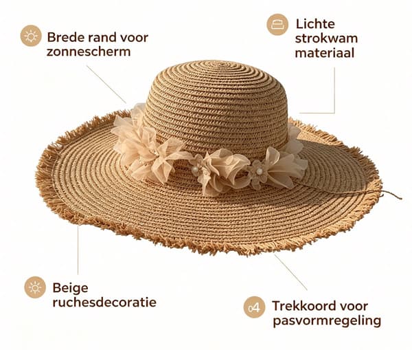 Dame Solhat med Bred Skygge, UPF 50+ UV-beskyttelse, Sammenfoldelig Stråhat med Blomsterkant til Strandrejser, Khaki