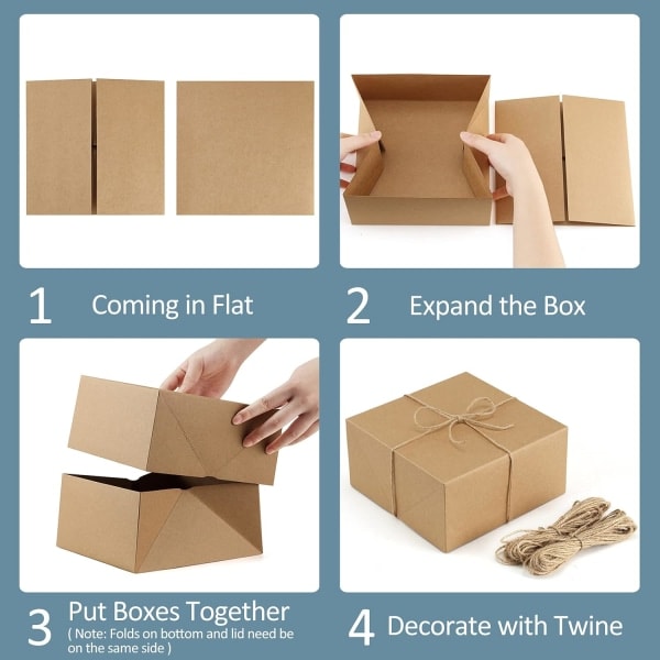 Premium presentförpackningar 10-pack 20,3 x 20,3 x 10,2 cm bruna papperspresentförpackningar med 20 meter hampasnöre för julklappar