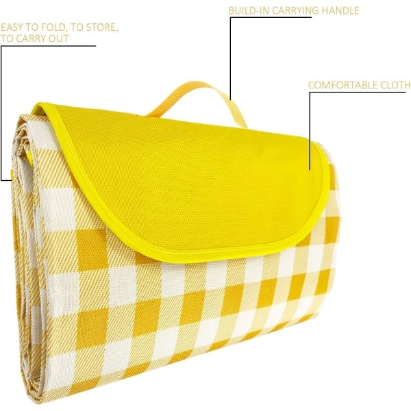Udendørs picnictæppe, sammenfoldelig vandtæt sandmåtte, ekstra stort picnictæppe 152 cm x 203 cm til familien - gule striber