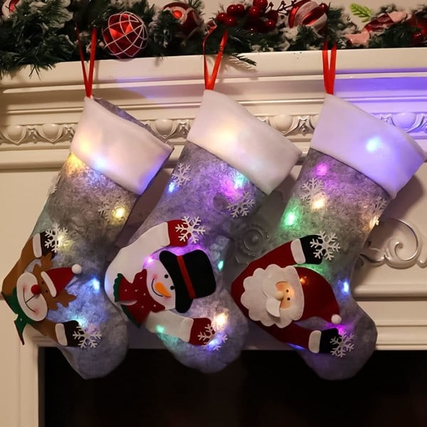 Julstrumpor 3-pack Julstrumpor Presentpåse med LED-ljus Jultomte Snögubbe Ren