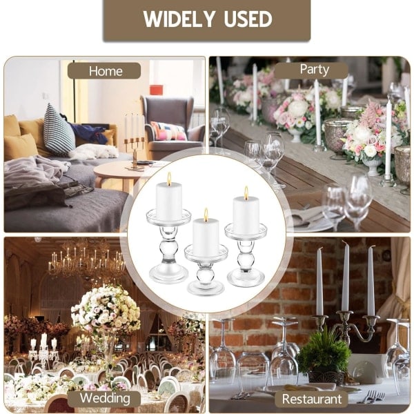 Set of 3 Glass Candle Holders, Clear Crystal Candlestick Holders for Pillar Candles and Tealight Candles, for Home Decor Dinner Table Centerpieces