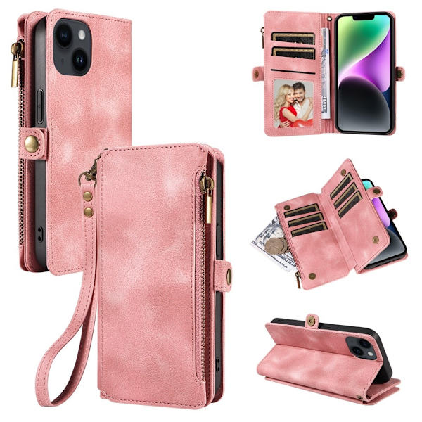 iPhone 15 Plus-deksel RFID Multifunksjonelt Flere kort Rosa