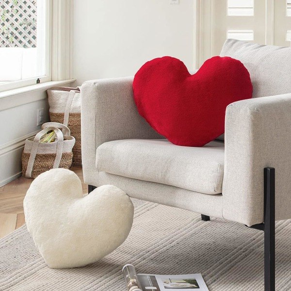 Røde Hjerteformede Puter, Kunstig Kaninpels 3D Fluffy Hjerteformet Dekorativ Pute, Plysj Myk Pute Gave til Barn Stue og Sofa