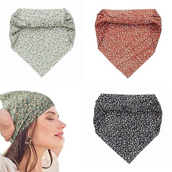 3-pack Blommiga Chiffong Elastiska Hårband med Triangulära Bandanas