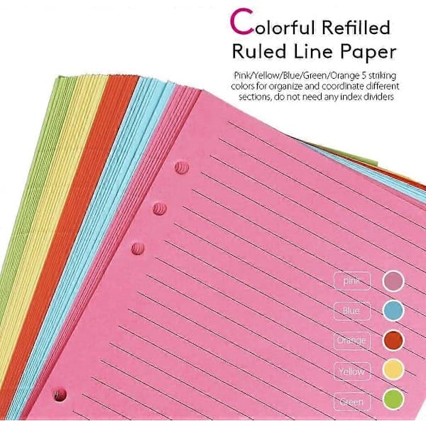 2 förpackningar kompatibla A5 Papper Färgglatt Linjerat, A5 Refill Papper 6 Hål 100 Ark Påfyllningsbart【pl】