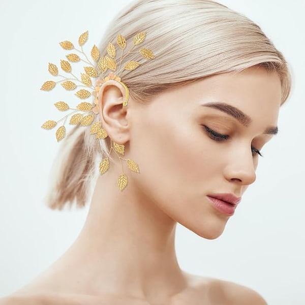 Elver-ører Manchetter Clip-on Øreringe til Kvinder Guld, Blade Engelvinger Øremanchetter, Fe-Elver Ører, Blomster Øreringe til Halloween Elver Pige Fest Bryllup