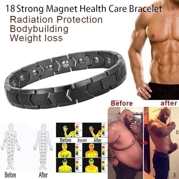 Magnetisk armbånd, magnetisk terapiarmbånd i titaniumstål, fuldt magnetisk armbånd med 18 magneter (sort)