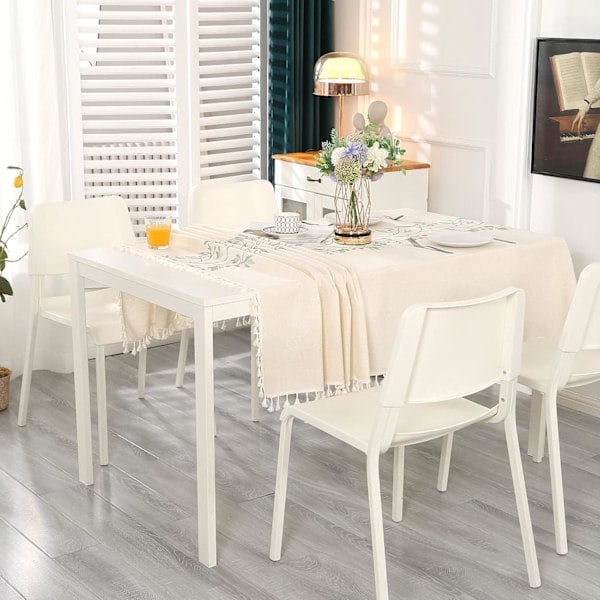 Rektangulær bomullsduk i lin, støvtett, vaskbar, beige duk med dusker, grønne broderte blader (140x220 cm)