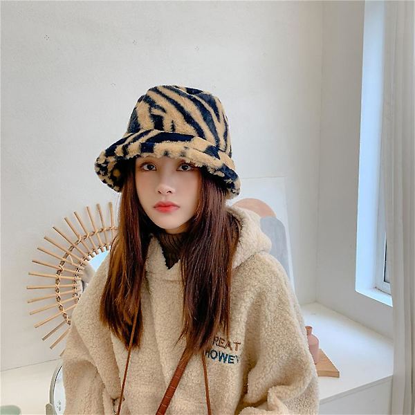 Fuzz Bucket Hat för Kvinnor, Vinter Faux Bucket Hat Svart Ull Fluffig Plysch Bucket Hat Tjock Fiskehatt Randig Khaki och Svart One Size för Alla