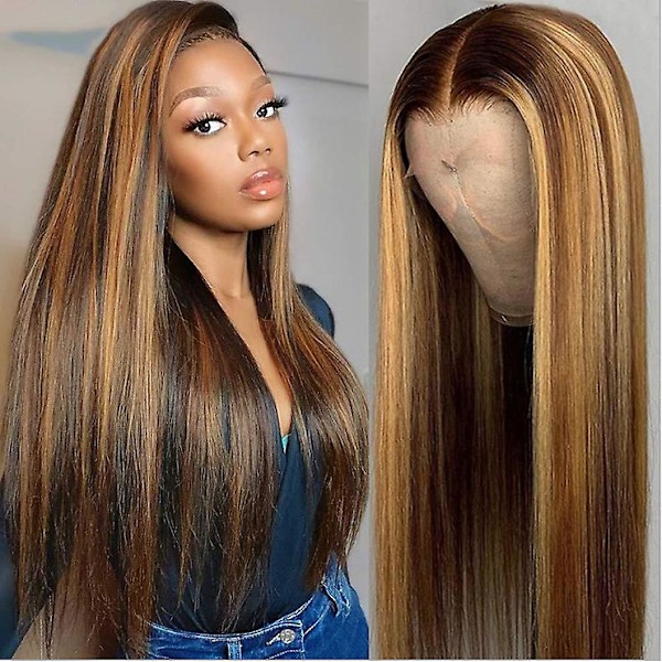 Highlights Omber Blond Peruk för Kvinnor Syntetiskt Långt Rakt Hår Mittbena Blandat Blond Syntetiskt Hår Full Peruk för Dagligt Bruk
