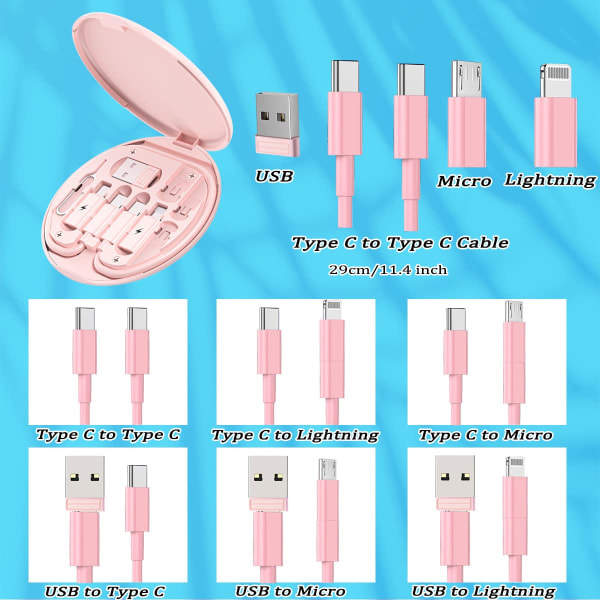 Multi USB Laddningsadapterkabelset, USB C till Lightning Adapterbox (Rosa) rosa