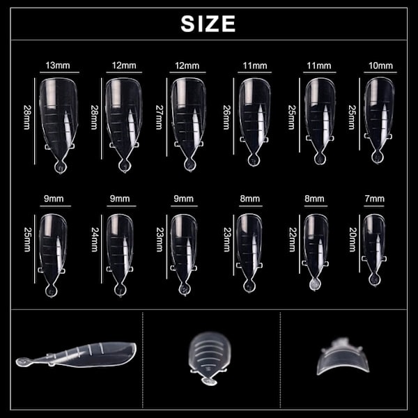 120 st Klar Full Täckning Dual Nail System Form UV Gel Akryl Nagelkonst Form Konstgjorda Nagelspetsar med Skala för Förlängning