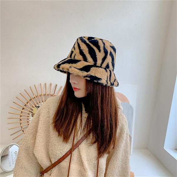 Fuzz Bucket Hat för Kvinnor, Vinter Faux Bucket Hat Svart Ull Fluffig Plysch Bucket Hat Tjock Fiskehatt Randig Khaki och Svart One Size för Alla