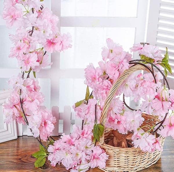 2 stk. dekorert kunstig kirsebærblomstring ring vegghengende kirsebærblomstring vinstokker silke blomstring ring streng falsk blomstring ring