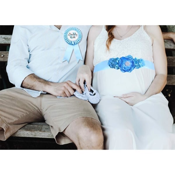 Blå mor-sash og far-til-at-være-corsage-sæt - Baby shower-sash Baby shower-blomstret mavebælte