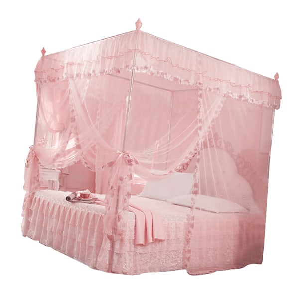 Luksus Prinsesse 3 Side Åbninger Post Seng Gardin Baldakin Netting Myggenet Sengetøj (Pink M)