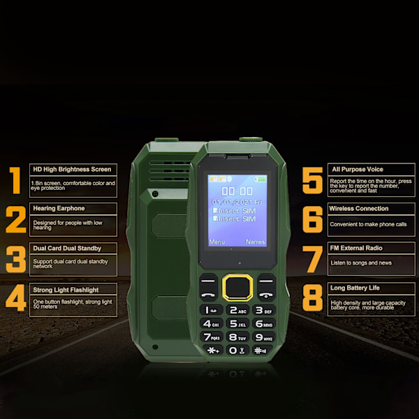 Eldrebillett Mobiltelefon 1.8in LCD Store Knapper Dobbeltkort Dobbel Standby Seniortelefon med 5800mAh Batteri