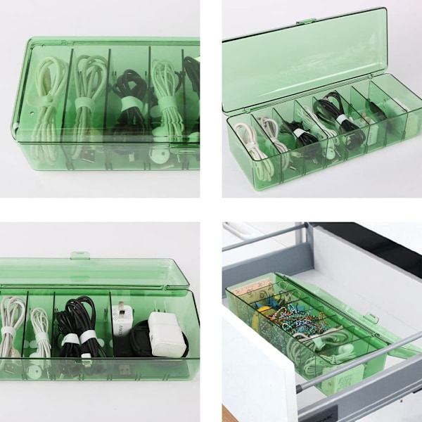 Kabelhanteringsbox i plast med lock och 10 kabelbindare, bärbar genomskinlig sladdförvaringsorganisatör med 8 fack