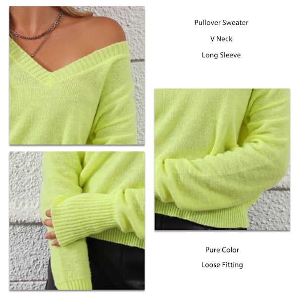 Damstickad Tröja Långärmad Tröja V-ringad Pullover Lösstickad Topp för Inomhus Utomhus Gul Grön S
