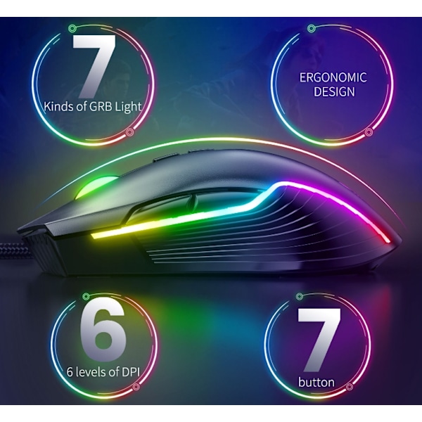 RGB-bakgrundsbelyst optisk gamingmus, Plug and Play, Typ C-kompatibilitet, Justerbar DPI upp till 6400, Snabb tumfunktion för moderna enheter