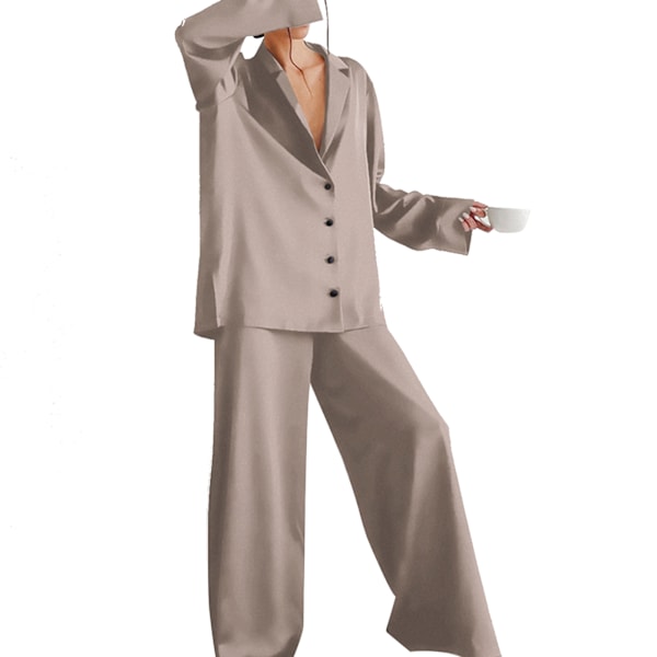 Satin Pyjamasset Långärmad Byxor i Full Längd Enkelknäppt Nedfälld Krage Satin Sovklädesset Ljusbrun S